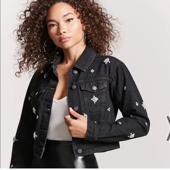 Black Denim Embellished Cropped Jean Jacket with Pearls Designs sz Small - Picture 1 of 8